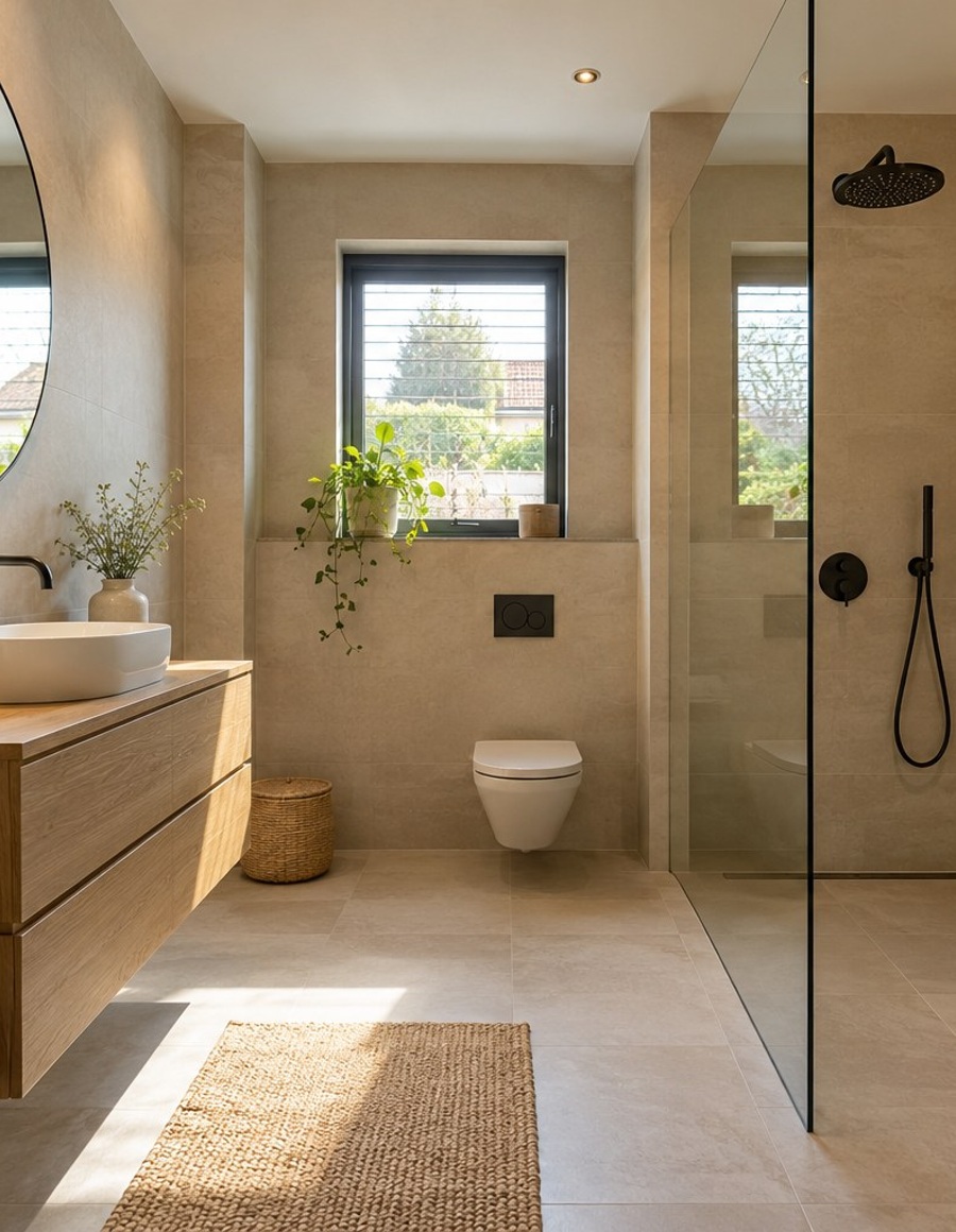 Home Badkamer met beige tegels en een houten wastafelmeubel
