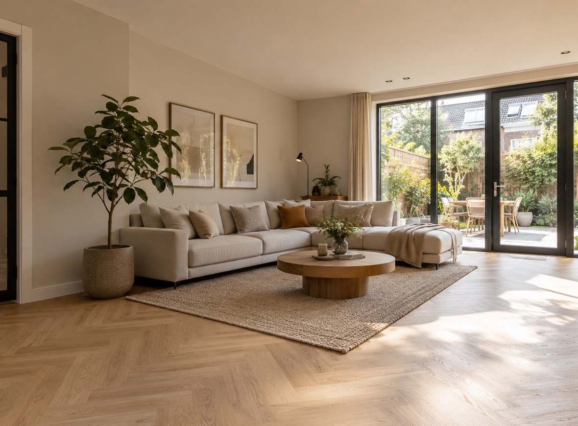 Contact Lichte woonkamer met houten vloer en brede glazen deuren naar de tuin